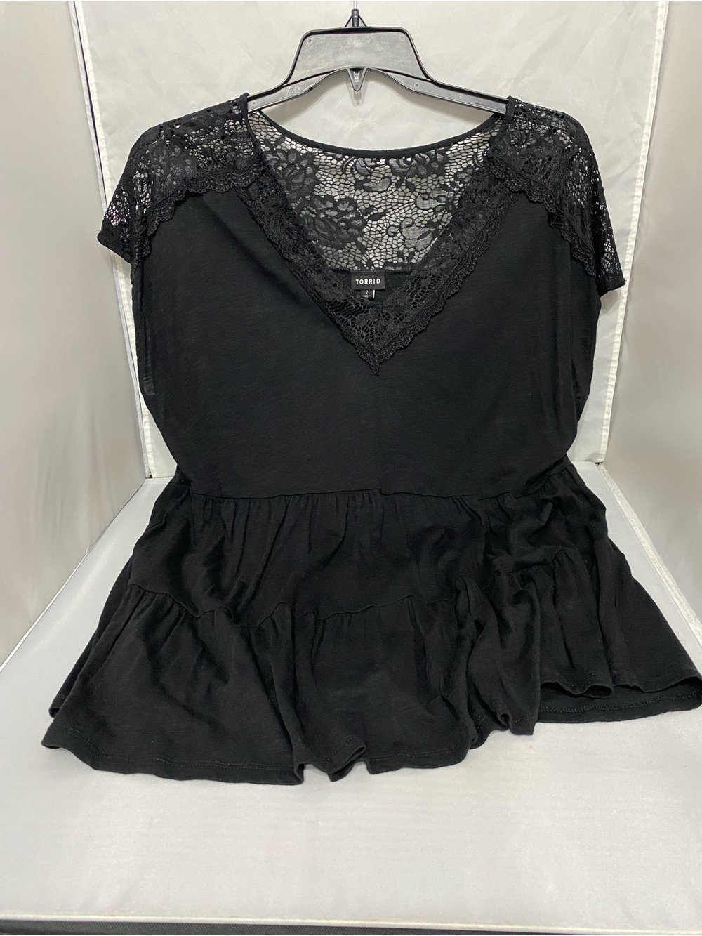torrid Black Lace-Trim Peplum V-Neck Top